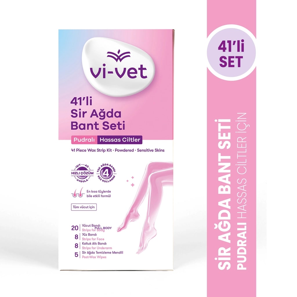Vi-Vet Sir Ağda Bant Seti Pudralı 41'li (20 Vücut Bandı + 8 Yüz Bandı + 8 Koltuk Altı Bandı + 5 Temizleme Mendili)