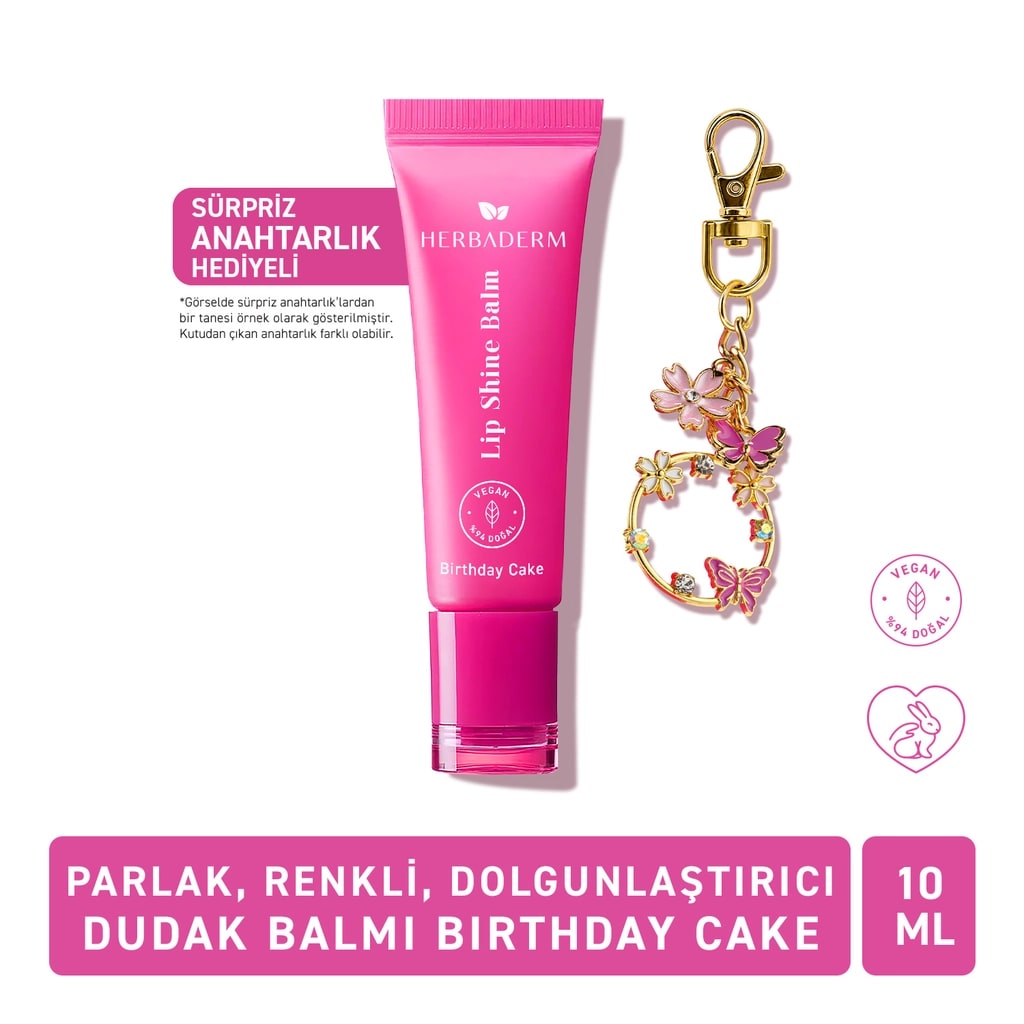 Herbaderm Parlak Dudak Balmı Birthday Cake Aromalı 10 ml (Anahtarlık Hediyeli)
