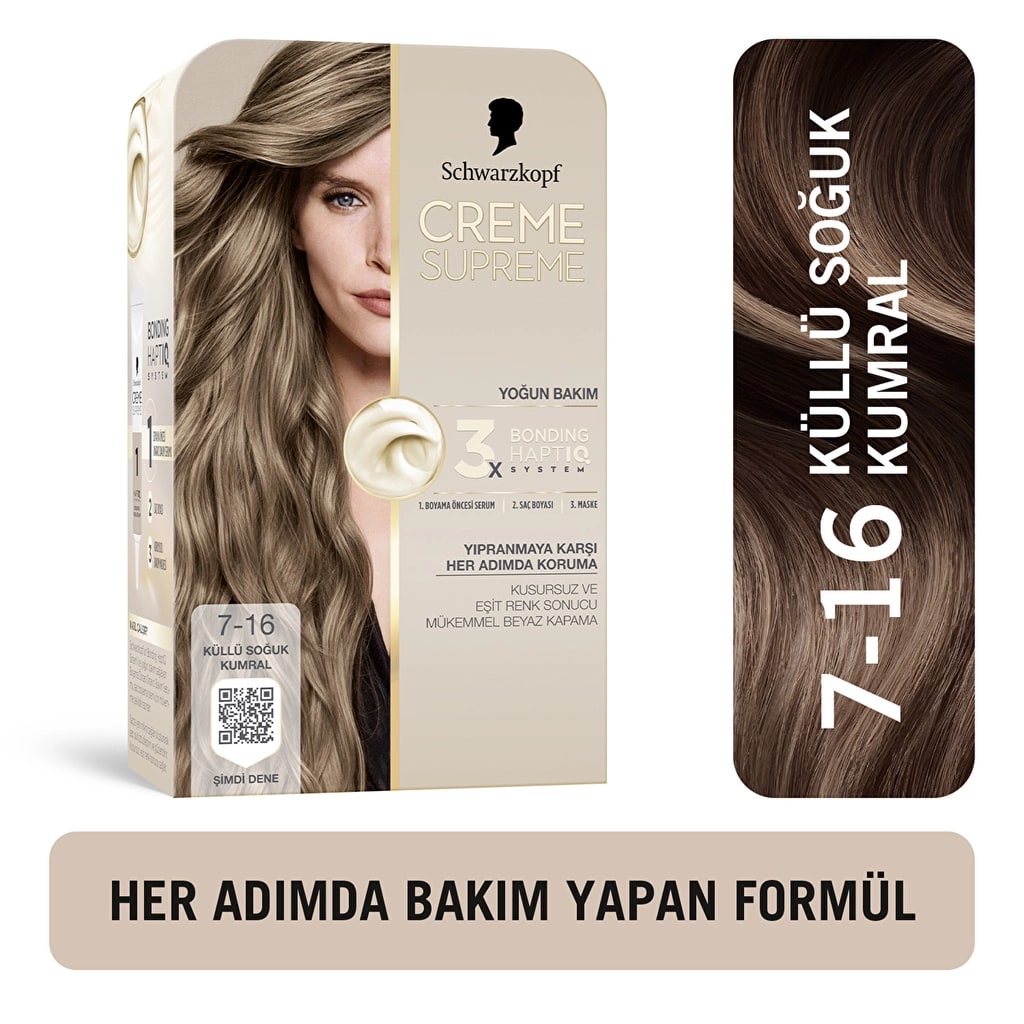 Creme Supreme Schwarzkopf Creme Supreme Yoğun Bakım Full Kit Saç Boyası 7-16 Küllü Soğuk Kumral