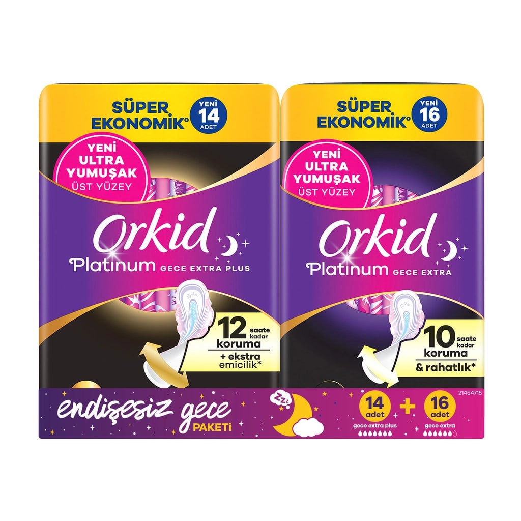 Orkid Platinum Endişesiz Gece Hijyenid Ped Paketi (Gece Extra Plus (Boy 5) 14 Adet + Gece Extra (Boy 4) 16 Adet)