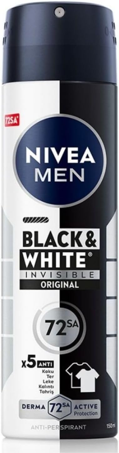 Nivea MEN Erkek Sprey Deodorant Black&White Invisible Original 150 ml,72 Saat Anti-Perspirant Terleme ve Ter Kokusuna Karşı Koruma,Kıyafetlerde Leke Karşıtı,Erkeksi Koku,Etil Alkol İçermez