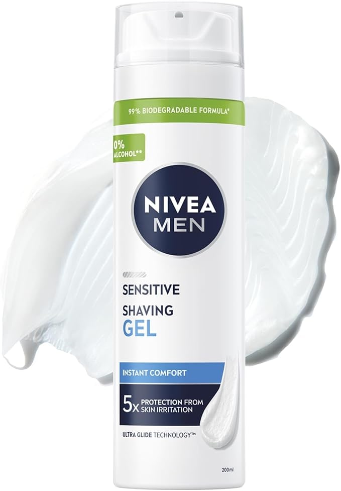 Nivea MEN Erkek Hassas Tıraş Jeli 200 ml,Tahrişe ve Yanmaya Karşı Koruma,Alkolsüz Formül,Hassas Ciltlere Özel