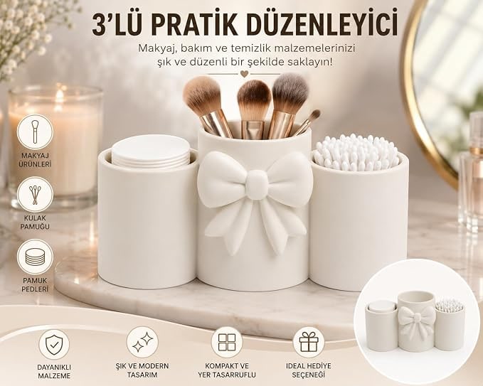 Amazon TR Fiyonk Detaylı 3'lü Makyaj Organizeri, 19x9x7 cm | Fırça & Pamuk Düzenleyici, Fiyonk Tasarımlı : Amazon.com.tr: Kişisel Bakım ve Kozmetik