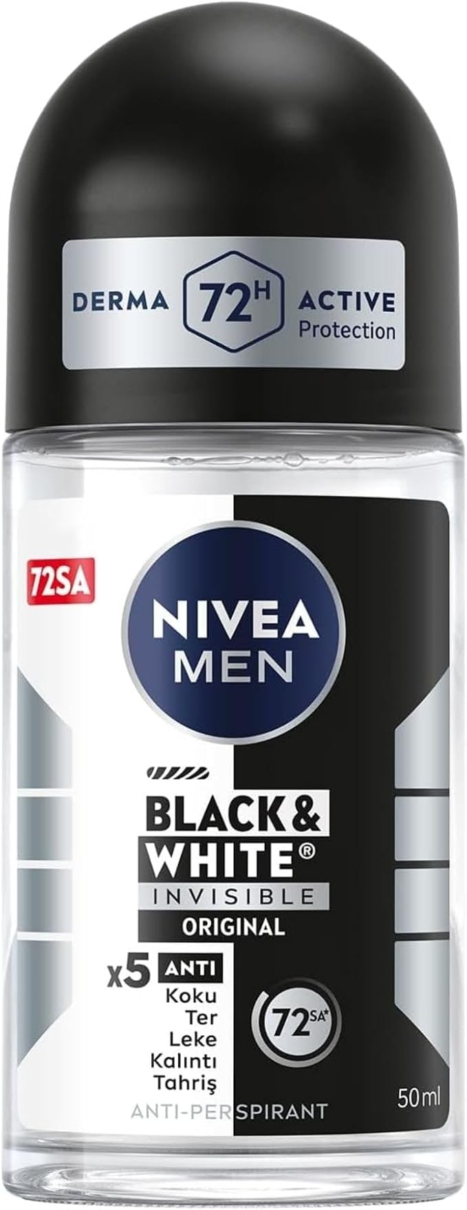 Nivea NIVEA MEN Erkek Roll On Deodorant Black&White Invisible Original 50 ml,72 Saat Anti-perspirant Terleme ve Ter Kokusuna Karşı Koruma,Giysilerde Leke Karşıtı,Erkeksi Koku,Etil Alkol İçermez