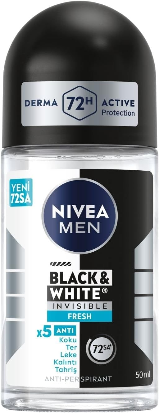 Nivea MEN Erkek Roll On Deodorant Black&White Invisible Fresh 50 ml,72 Saat Anti-perspirant Terleme ve Ter Kokusuna Karşı Koruma,Giysilerde Leke Karşıtı,Erkeksi Koku,Etil Alkol İçermez