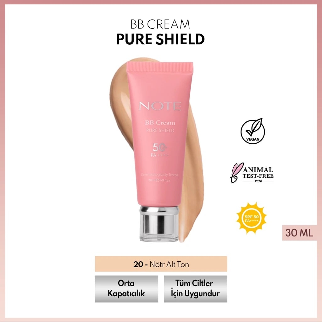 Note Cosmetique Note BB Cream Pure Shield SPF50+ PA++++ Hyalüronik Asit ve Seramid İçerikli BB Krem 20 Nötr Alt Ton Orta