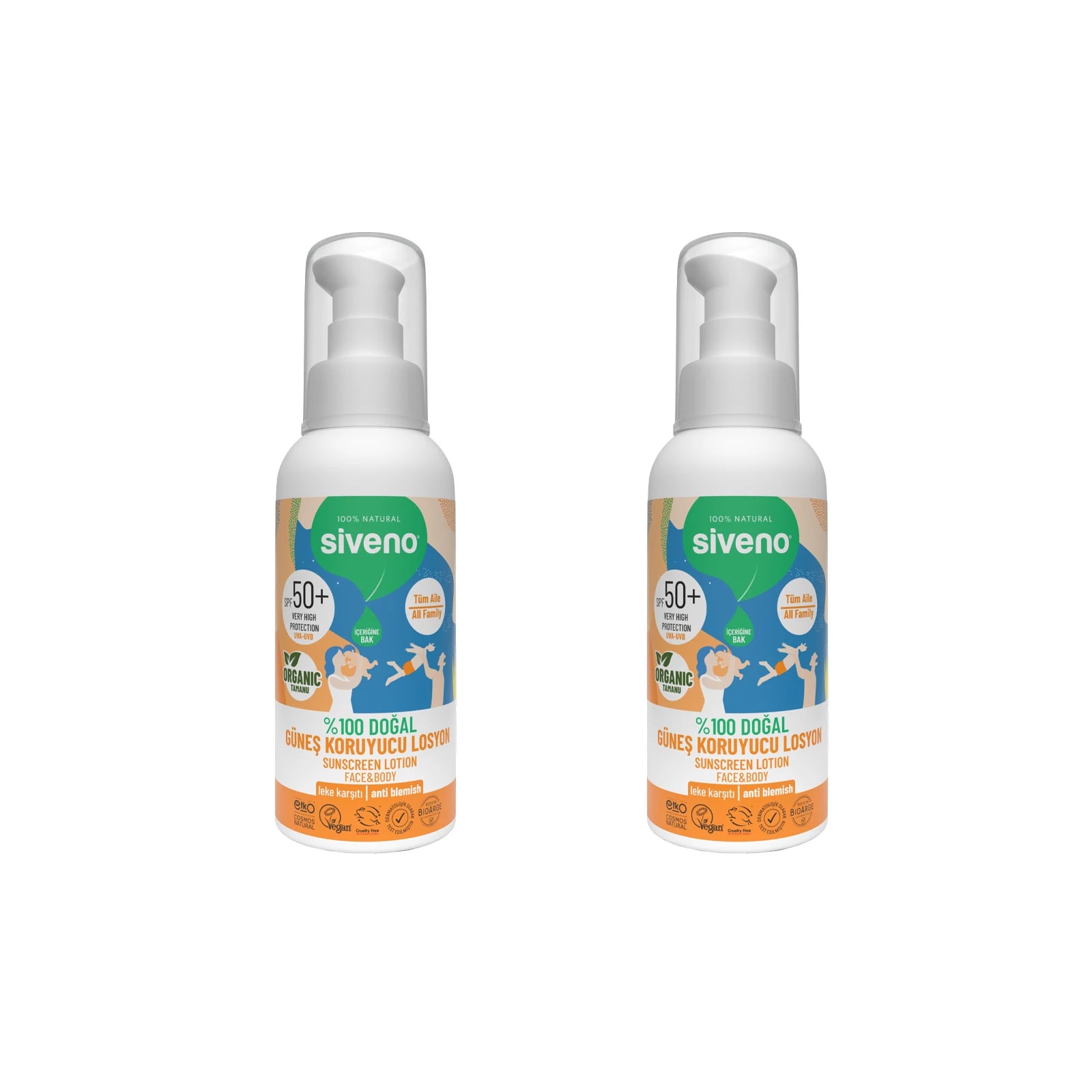 SIVENO Organik Tamanu Yağlı Doğal Güneş Losyonu Mineral Filtreli Tüm Aile İçin SPF50+ x2