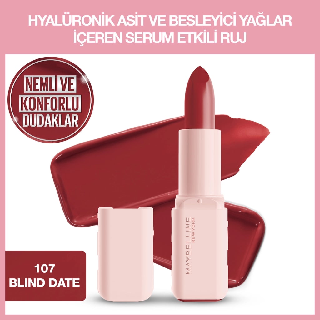 Maybelline New York Serum Etkili Hyalüronik Asit ve Besleyici Yağ İçeren Ruj 107 Blind Date