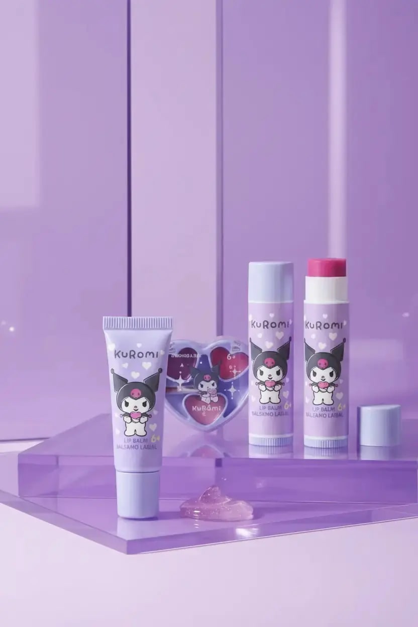 MINISO Sanrio Lisanslı Kuromi Dudak Jeli ve Yumuşatıcı Dudak Seti – Parlak Bakım