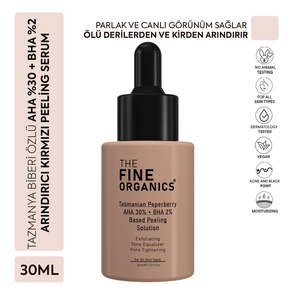 The Fine Organics Tazmanya Biberi Özlü AHA %30 + BHA %2 Cilt Tonu Eşitleyici ve Arındırıcı Kırmızı Peeling Serum 30 ml