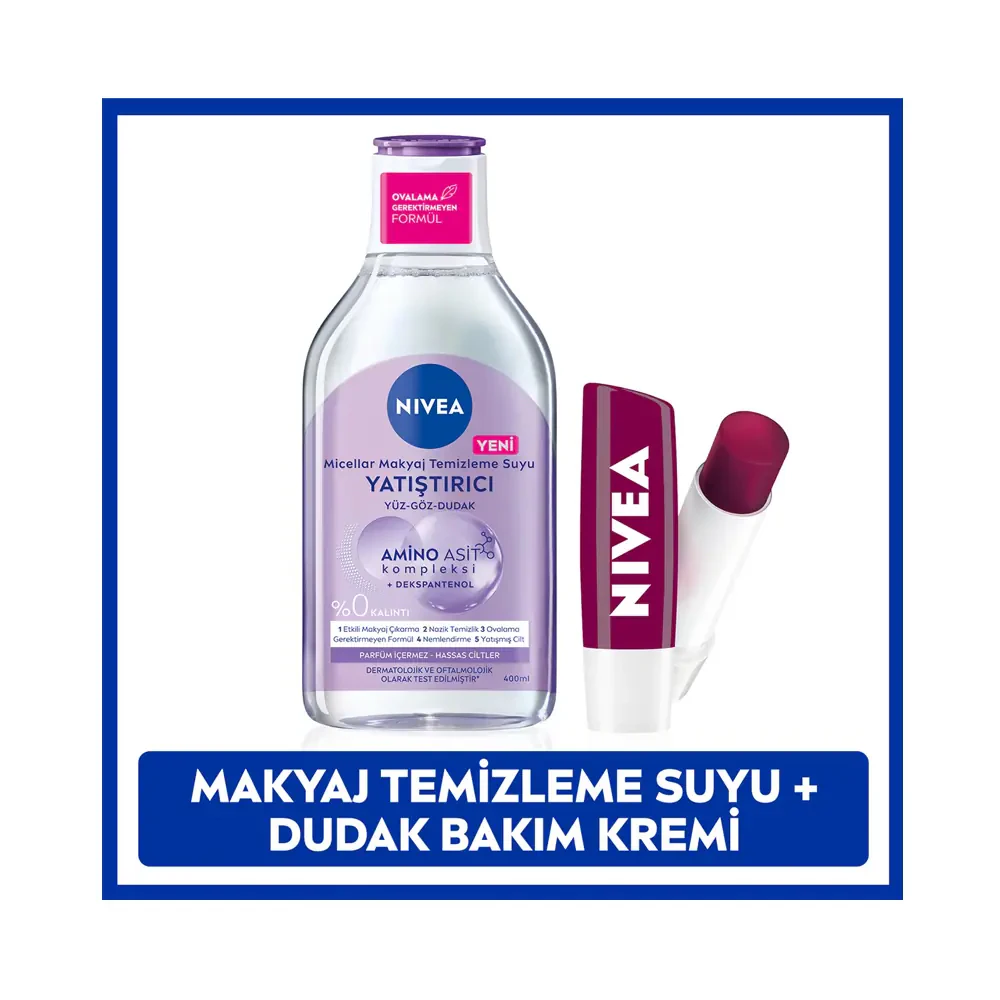 Nivea Micellar Yatıştırıcı Makyaj Temizleme Suyu 400 Ml + Nivea Black Berry Shine Dudak Bakım Kremi