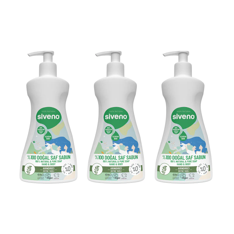 Doğal Sıvı Sabun Kastil Defne Yağlı Yoğun Nemlendirici Arındırıcı Bitkisel Vegan Sıvı Sabun 300ml x3